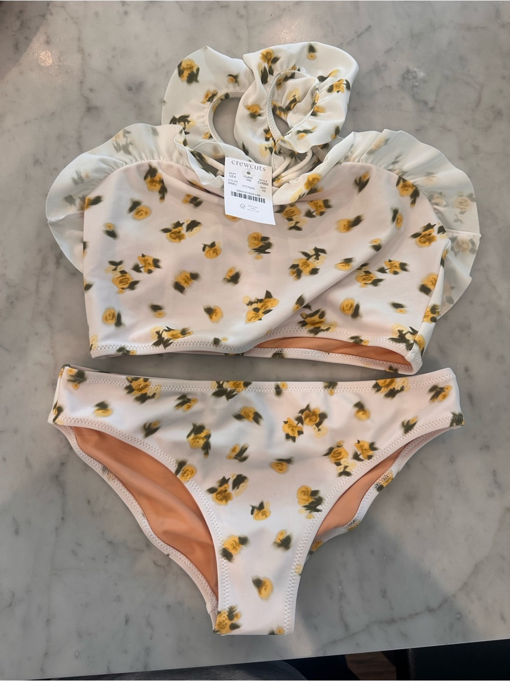 Brand new! Crewcuts Girls Yellow Floral Ruffle-Trim Two-Piece Swimsuit - size 10